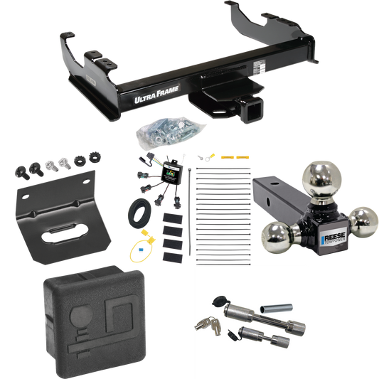 Fits 2007-2023 GMC Sierra 3500 HD Trailer Hitch Tow PKG w/ 4-Flat Zero Contact "No Splice" Wiring Harness + Triple Ball Ball Mount 1-7/8" & 2" & 2-5/16" Trailer Balls + Dual Hitch & Coupler Locks + Hitch Cover + Wiring Bracket (For Cab & Chassis, w/3