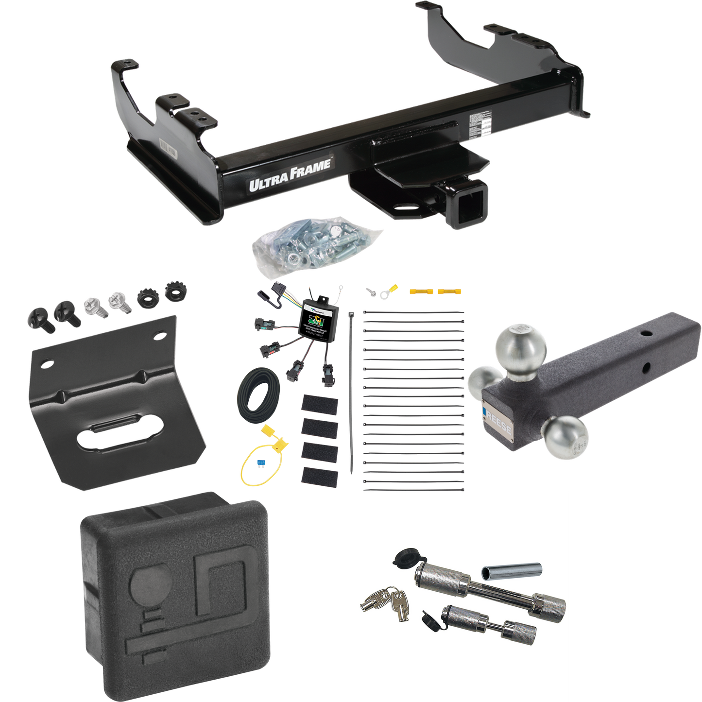 Fits 2007-2023 GMC Sierra 3500 HD Trailer Hitch Tow PKG w/ 4-Flat Zero Contact "No Splice" Wiring Harness + Triple Ball Ball Mount 1-7/8" & 2" & 2-5/16" Trailer Balls + Dual Hitch & Coupler Locks + Hitch Cover + Wiring Bracket (For Cab & Chassis, w/3