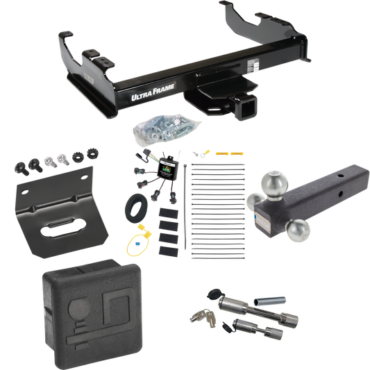 Fits 2007-2023 GMC Sierra 3500 HD Trailer Hitch Tow PKG w/ 4-Flat Zero Contact "No Splice" Wiring Harness + Triple Ball Ball Mount 1-7/8" & 2" & 2-5/16" Trailer Balls + Dual Hitch & Coupler Locks + Hitch Cover + Wiring Bracket (For Cab & Chassis, w/3