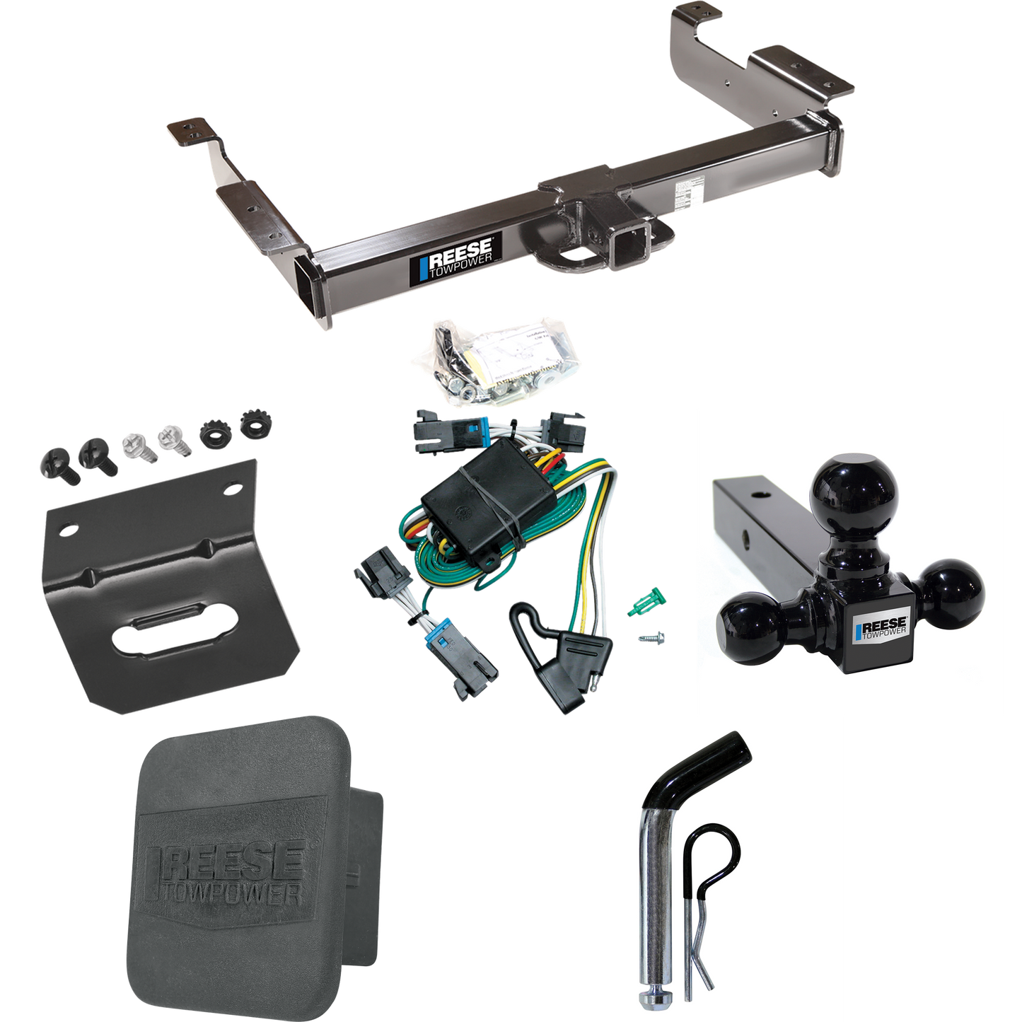 Fits 2000-2002 Chevrolet Express 2500 Trailer Hitch Tow PKG w/ 4-Flat Wiring Harness + Triple Ball Ball Mount 1-7/8" & 2" & 2-5/16" Trailer Balls + Pin/Clip + Hitch Cover + Wiring Bracket By Reese Towpower