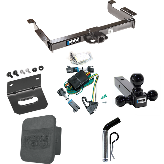 Fits 2000-2002 Chevrolet Express 2500 Trailer Hitch Tow PKG w/ 4-Flat Wiring Harness + Triple Ball Ball Mount 1-7/8" & 2" & 2-5/16" Trailer Balls + Pin/Clip + Hitch Cover + Wiring Bracket By Reese Towpower