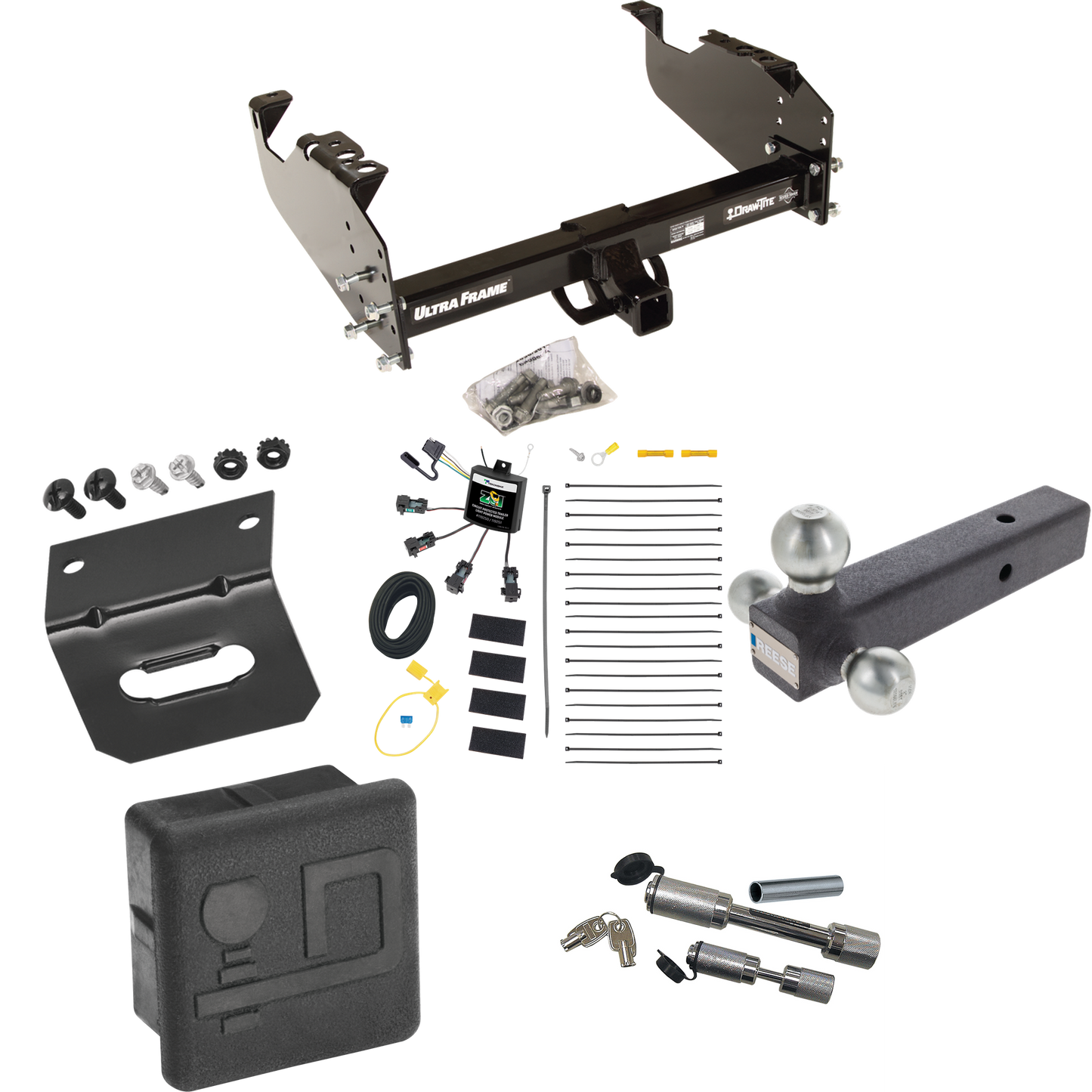 Fits 2001-2007 GMC Sierra 3500 Trailer Hitch Tow PKG w/ 4-Flat Zero Contact "No Splice" Wiring Harness + Triple Ball Ball Mount 1-7/8" & 2" & 2-5/16" Trailer Balls + Dual Hitch & Coupler Locks + Hitch Cover + Wiring Bracket (For (Classic), Cab & Chas