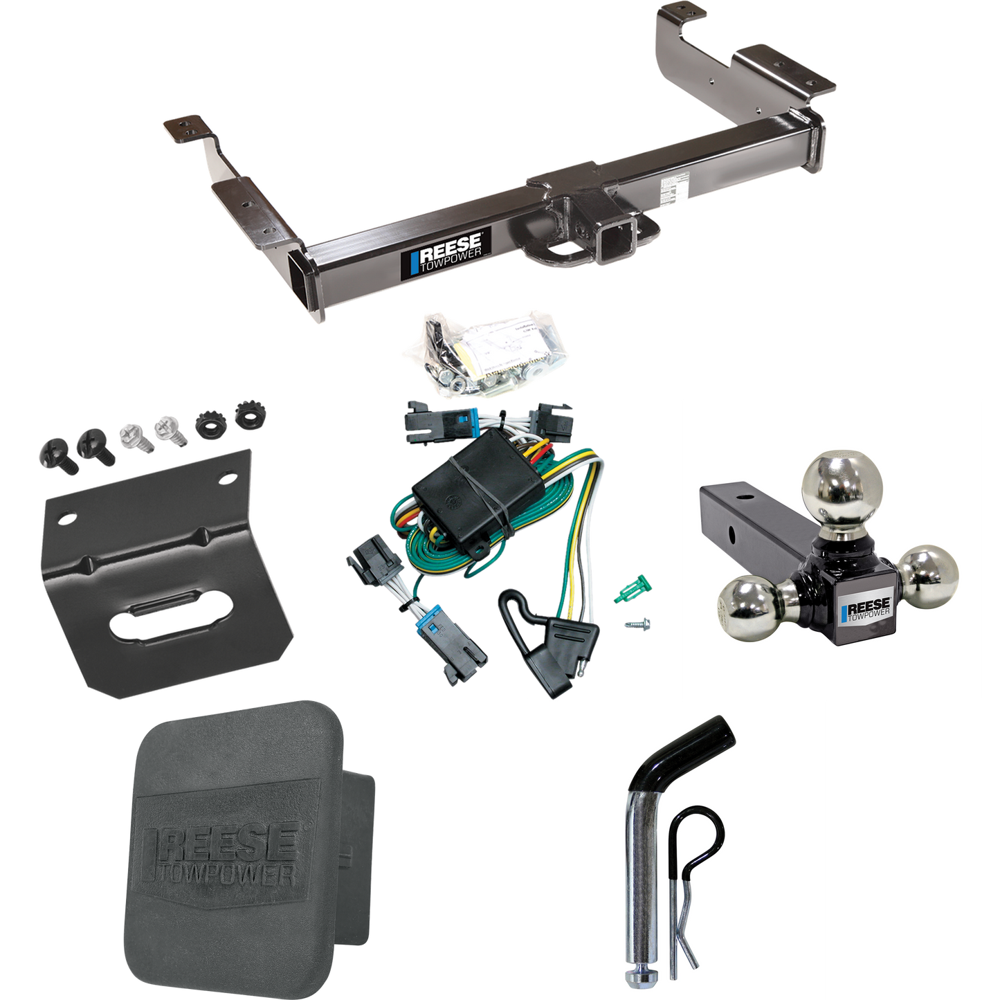 Fits 2000-2002 Chevrolet Express 3500 Trailer Hitch Tow PKG w/ 4-Flat Wiring Harness + Triple Ball Ball Mount 1-7/8" & 2" & 2-5/16" Trailer Balls + Pin/Clip + Hitch Cover + Wiring Bracket By Reese Towpower