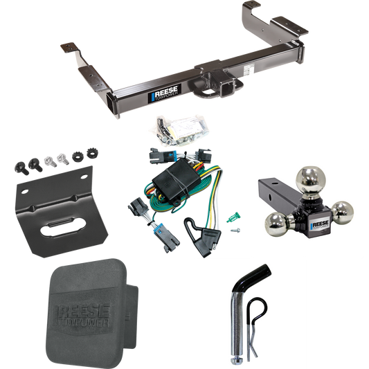 Fits 2000-2002 Chevrolet Express 3500 Trailer Hitch Tow PKG w/ 4-Flat Wiring Harness + Triple Ball Ball Mount 1-7/8" & 2" & 2-5/16" Trailer Balls + Pin/Clip + Hitch Cover + Wiring Bracket By Reese Towpower