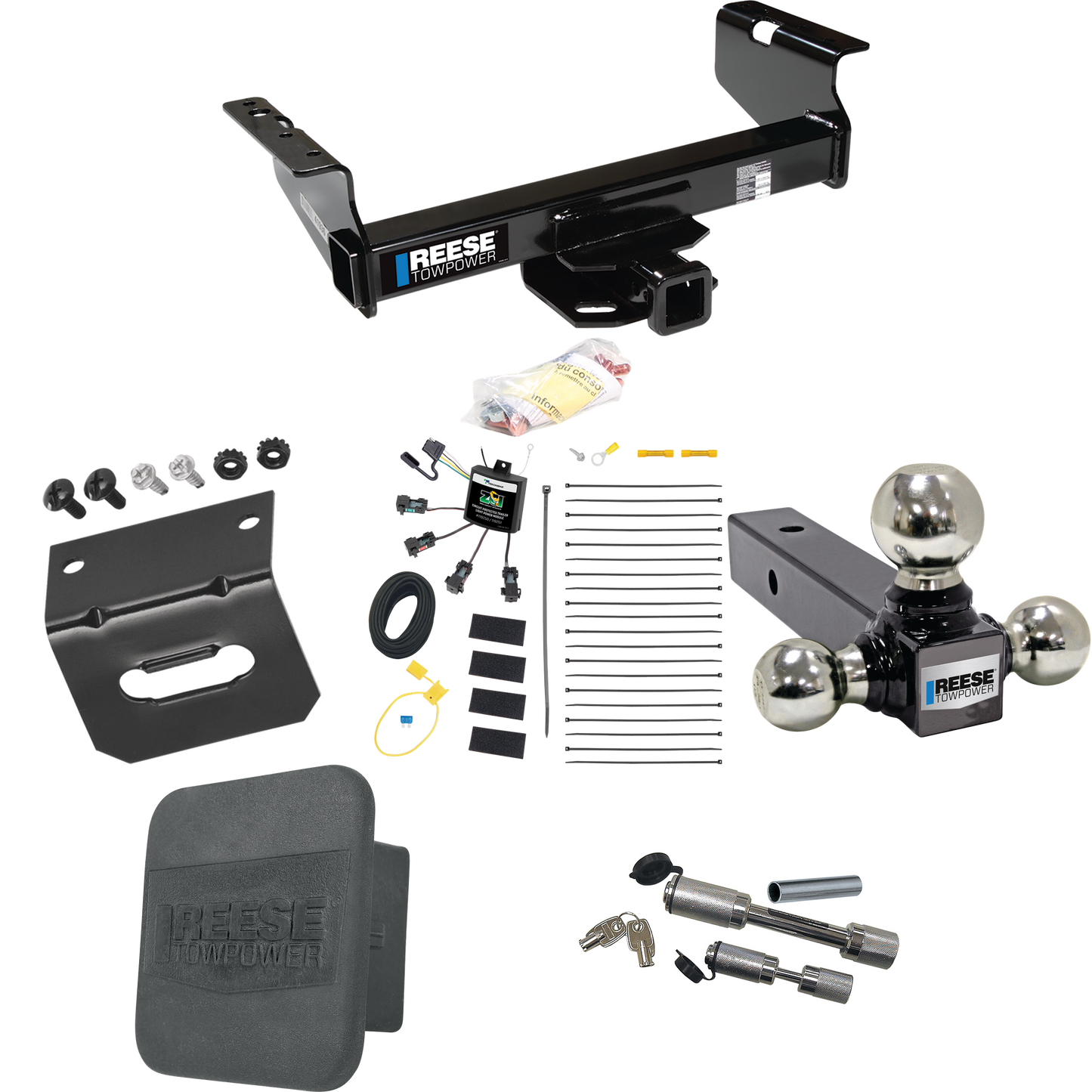 Fits 2007-2023 GMC Sierra 3500 HD Trailer Hitch Tow PKG w/ 4-Flat Zero Contact "No Splice" Wiring Harness + Triple Ball Ball Mount 1-7/8" & 2" & 2-5/16" Trailer Balls + Dual Hitch & Coupler Locks + Hitch Cover + Wiring Bracket (For Cab & Chassis, w/3