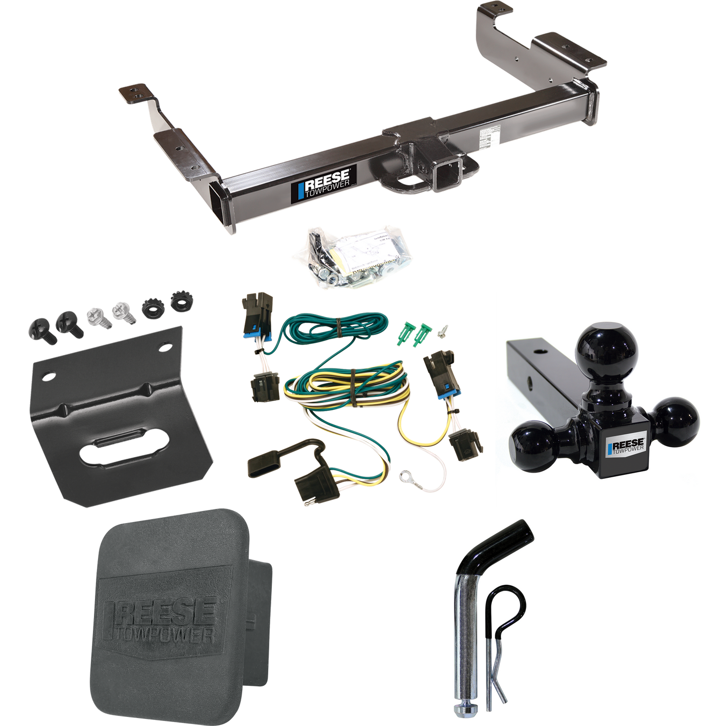 Fits 2003-2023 GMC Savana 2500 Trailer Hitch Tow PKG w/ 4-Flat Wiring Harness + Triple Ball Ball Mount 1-7/8" & 2" & 2-5/16" Trailer Balls + Pin/Clip + Hitch Cover + Wiring Bracket By Reese Towpower