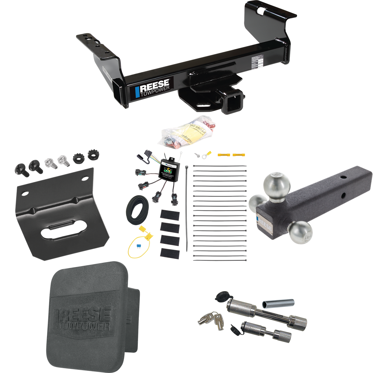 Fits 2007-2023 GMC Sierra 3500 HD Trailer Hitch Tow PKG w/ 4-Flat Zero Contact "No Splice" Wiring Harness + Triple Ball Ball Mount 1-7/8" & 2" & 2-5/16" Trailer Balls + Dual Hitch & Coupler Locks + Hitch Cover + Wiring Bracket (For Cab & Chassis, w/3