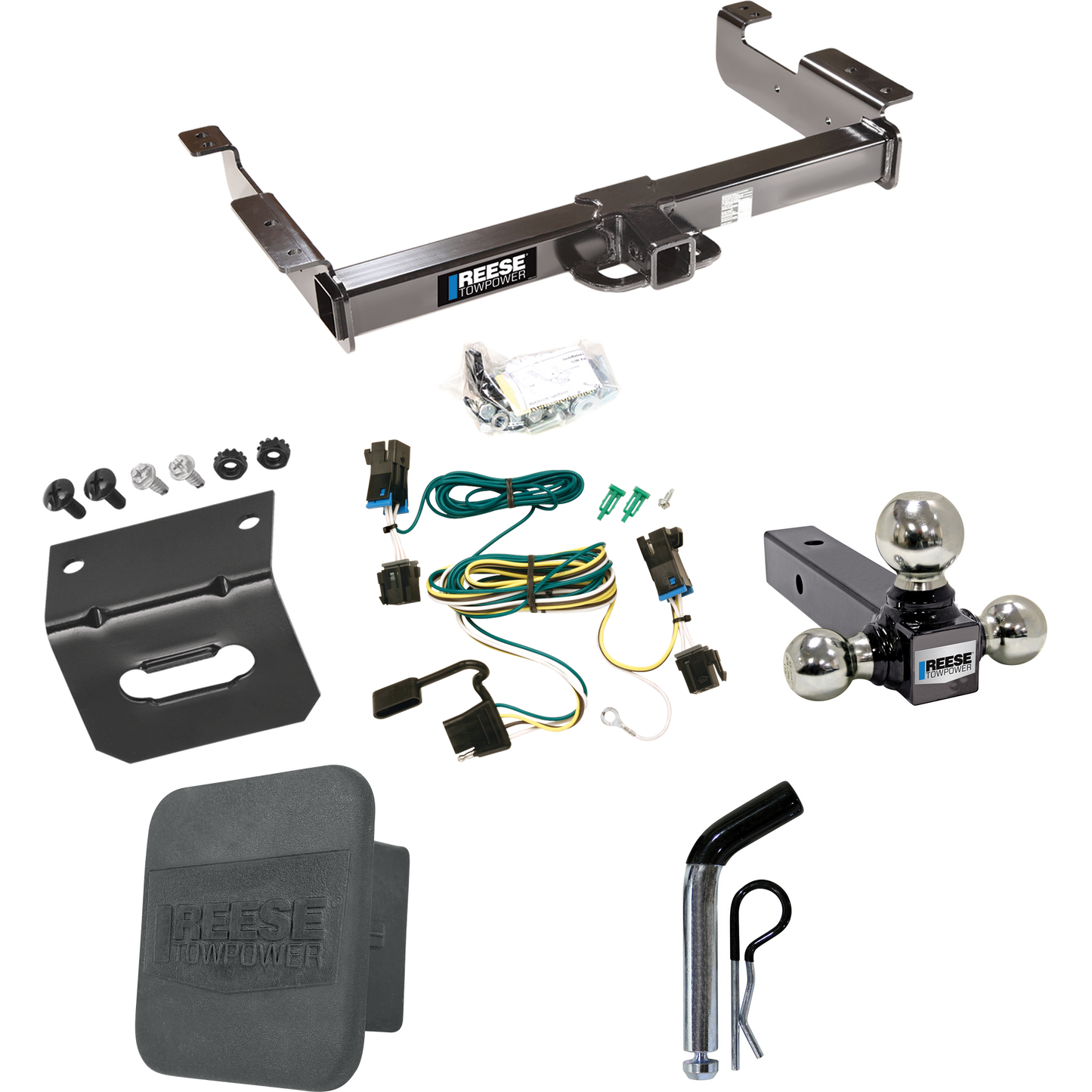 Fits 2003-2014 GMC Savana 1500 Trailer Hitch Tow PKG w/ 4-Flat Wiring Harness + Triple Ball Ball Mount 1-7/8" & 2" & 2-5/16" Trailer Balls + Pin/Clip + Hitch Cover + Wiring Bracket By Reese Towpower