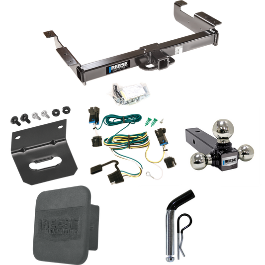 Fits 2003-2014 GMC Savana 1500 Trailer Hitch Tow PKG w/ 4-Flat Wiring Harness + Triple Ball Ball Mount 1-7/8" & 2" & 2-5/16" Trailer Balls + Pin/Clip + Hitch Cover + Wiring Bracket By Reese Towpower