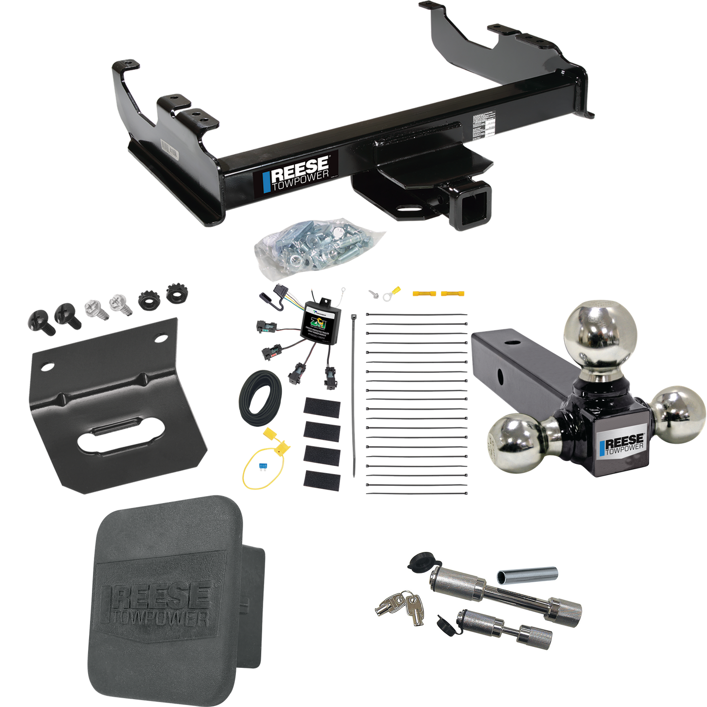 Fits 2007-2023 GMC Sierra 3500 HD Trailer Hitch Tow PKG w/ 4-Flat Zero Contact "No Splice" Wiring Harness + Triple Ball Ball Mount 1-7/8" & 2" & 2-5/16" Trailer Balls + Dual Hitch & Coupler Locks + Hitch Cover + Wiring Bracket (For Cab & Chassis, w/3