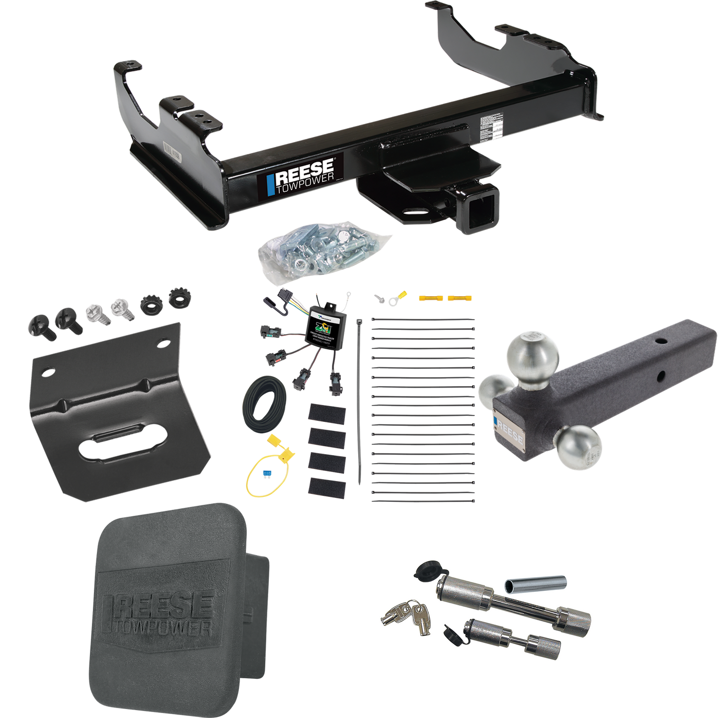 Fits 2007-2023 GMC Sierra 3500 HD Trailer Hitch Tow PKG w/ 4-Flat Zero Contact "No Splice" Wiring Harness + Triple Ball Ball Mount 1-7/8" & 2" & 2-5/16" Trailer Balls + Dual Hitch & Coupler Locks + Hitch Cover + Wiring Bracket (For Cab & Chassis, w/3