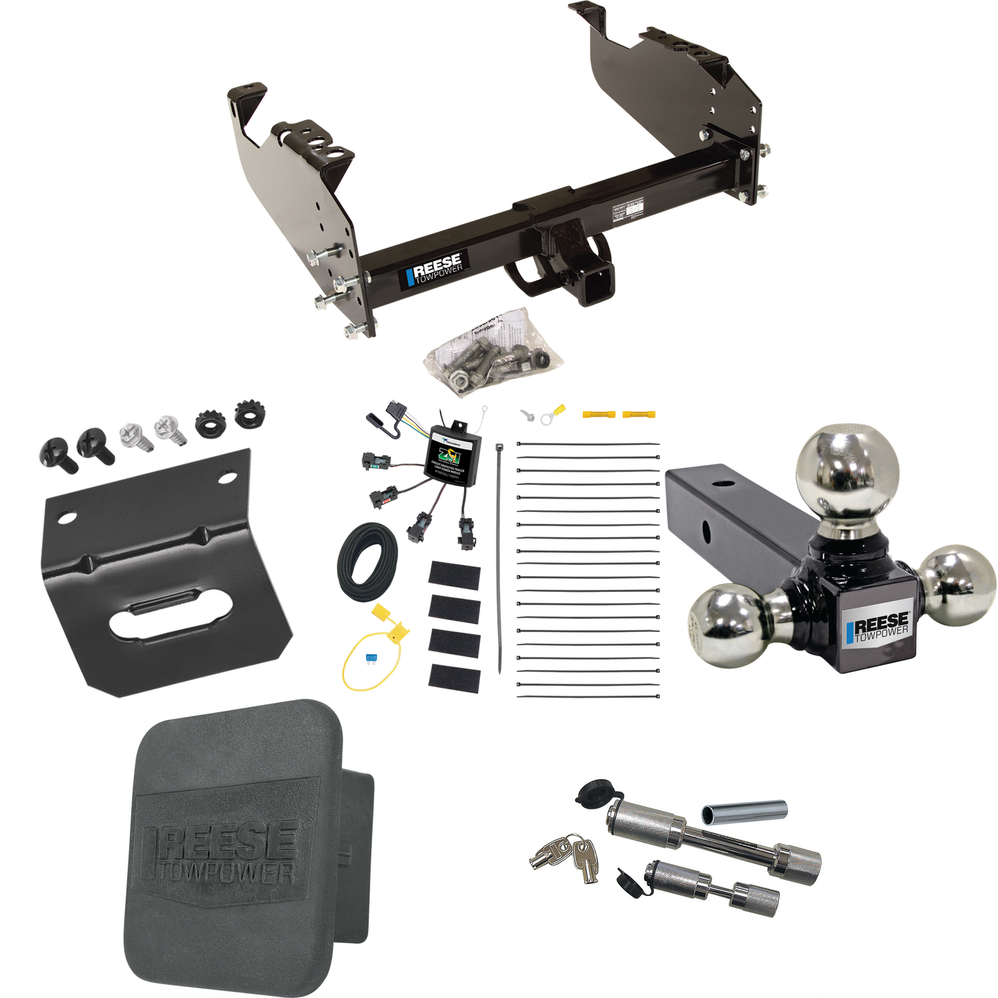 Fits 2007-2023 GMC Sierra 3500 HD Trailer Hitch Tow PKG w/ 4-Flat Zero Contact "No Splice" Wiring Harness + Triple Ball Ball Mount 1-7/8" & 2" & 2-5/16" Trailer Balls + Dual Hitch & Coupler Locks + Hitch Cover + Wiring Bracket (For Cab & Chassis, w/3