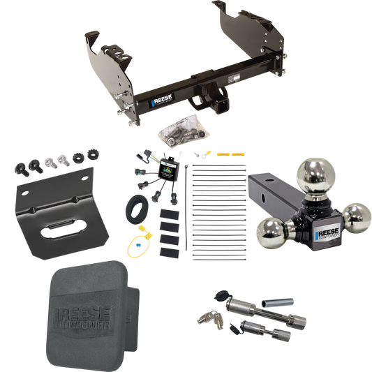 Fits 2007-2023 GMC Sierra 3500 HD Trailer Hitch Tow PKG w/ 4-Flat Zero Contact "No Splice" Wiring Harness + Triple Ball Ball Mount 1-7/8" & 2" & 2-5/16" Trailer Balls + Dual Hitch & Coupler Locks + Hitch Cover + Wiring Bracket (For Cab & Chassis, w/3