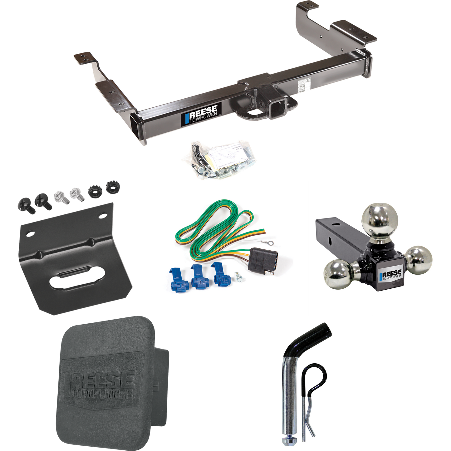 Fits 1996-1999 GMC Savana 2500 Trailer Hitch Tow PKG w/ 4-Flat Wiring Harness + Triple Ball Ball Mount 1-7/8" & 2" & 2-5/16" Trailer Balls + Pin/Clip + Hitch Cover + Wiring Bracket By Reese Towpower