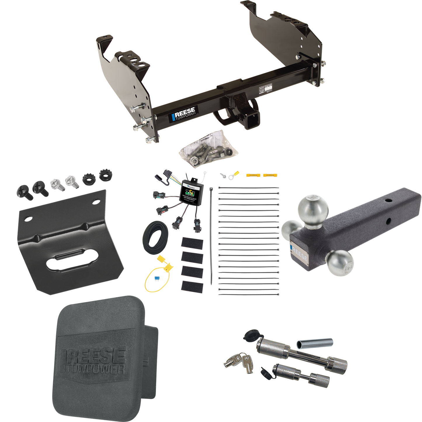 Fits 2007-2023 GMC Sierra 3500 HD Trailer Hitch Tow PKG w/ 4-Flat Zero Contact "No Splice" Wiring Harness + Triple Ball Ball Mount 1-7/8" & 2" & 2-5/16" Trailer Balls + Dual Hitch & Coupler Locks + Hitch Cover + Wiring Bracket (For Cab & Chassis, w/3