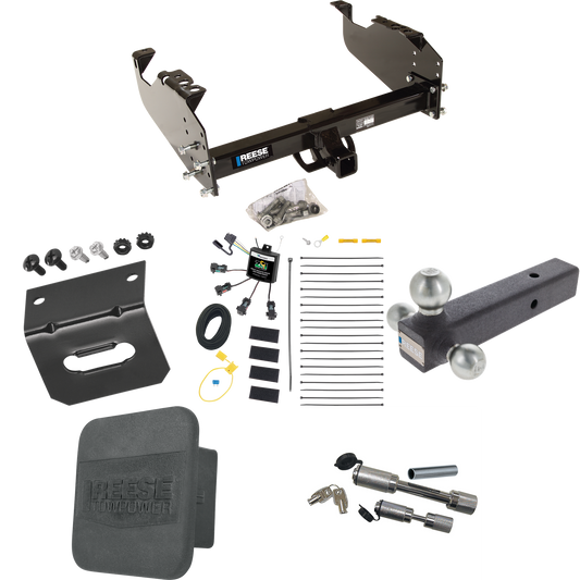 Fits 2007-2023 GMC Sierra 3500 HD Trailer Hitch Tow PKG w/ 4-Flat Zero Contact "No Splice" Wiring Harness + Triple Ball Ball Mount 1-7/8" & 2" & 2-5/16" Trailer Balls + Dual Hitch & Coupler Locks + Hitch Cover + Wiring Bracket (For Cab & Chassis, w/3