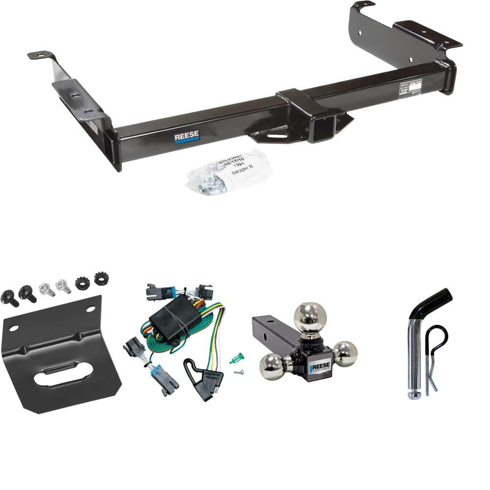 Fits 2000-2002 Chevrolet Express 1500 Trailer Hitch Tow PKG w/ 4-Flat Wiring Harness + Triple Ball Ball Mount 1-7/8" & 2" & 2-5/16" Trailer Balls + Pin/Clip + Wiring Bracket By Reese Towpower