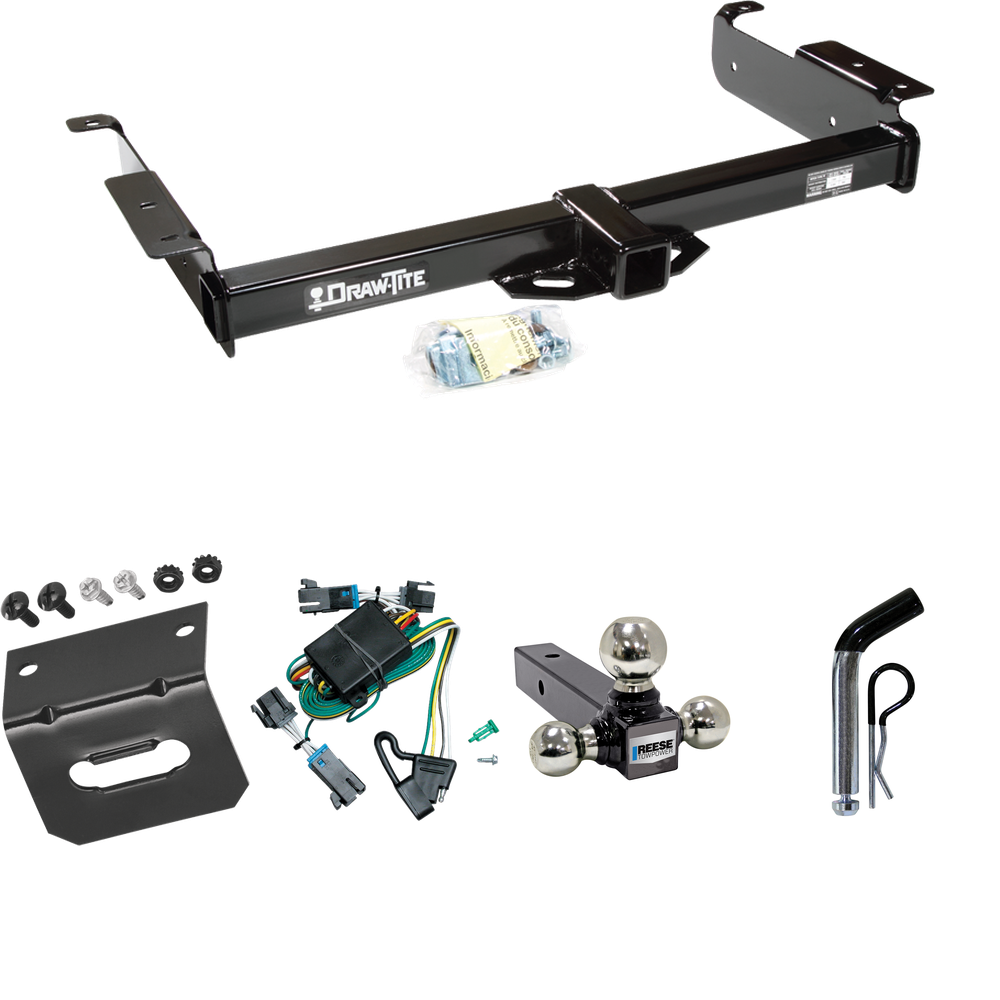 Fits 2000-2002 GMC Savana 2500 Trailer Hitch Tow PKG w/ 4-Flat Wiring Harness + Triple Ball Ball Mount 1-7/8" & 2" & 2-5/16" Trailer Balls + Pin/Clip + Wiring Bracket By Draw-Tite