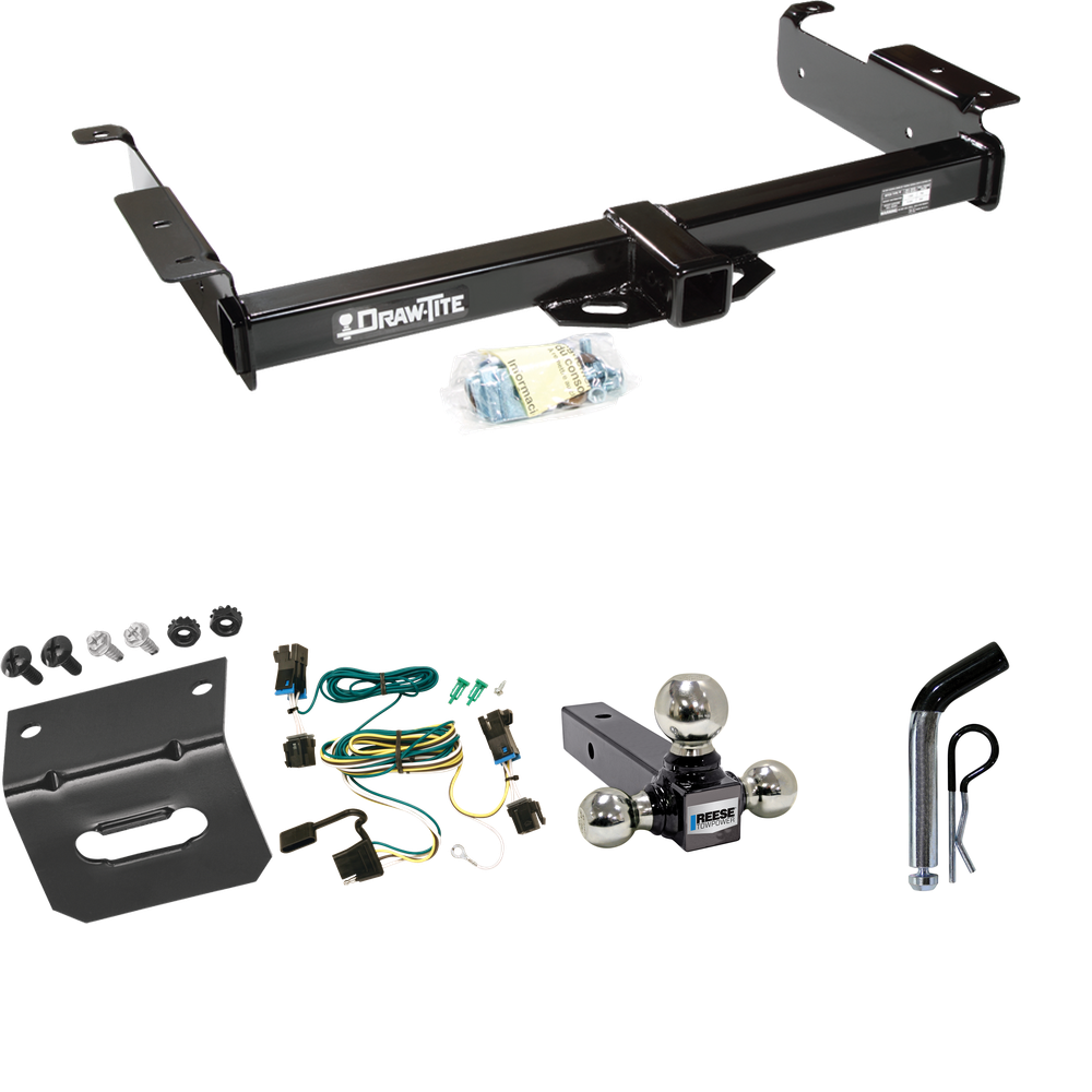 Se adapta al paquete de remolque con enganche para remolque Chevrolet Express 2500 2003-2023 con arnés de cableado de 4 planos + soporte de bola triple de bolas de remolque de 1-7/8" y 2" y 2-5/16" + pasador/clip + soporte de cableado por sorteo -Tita