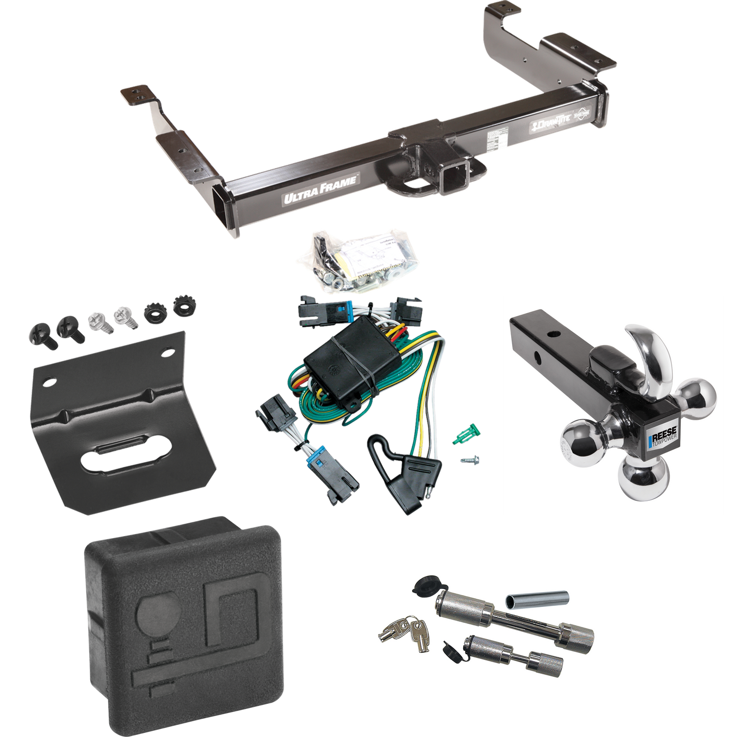 Fits 2000-2002 Chevrolet Express 3500 Trailer Hitch Tow PKG w/ 4-Flat Wiring Harness + Triple Ball Ball Mount 1-7/8" & 2" & 2-5/16" Trailer Balls w/ Tow Hook + Dual Hitch & Coupler Locks + Hitch Cover + Wiring Bracket By Draw-Tite