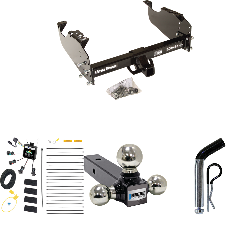 Fits 2008-2010 Dodge Ram 5500 Trailer Hitch Tow PKG w/ 4-Flat Zero Contact "No Splice" Wiring Harness + Triple Ball Ball Mount 1-7/8" & 2" & 2-5/16" Trailer Balls + Pin/Clip (For Cab & Chassis, w/34" Wide Frames Models) By Draw-Tite