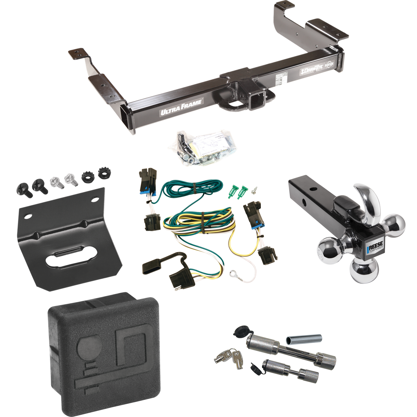 Fits 2003-2023 Chevrolet Express 3500 Trailer Hitch Tow PKG w/ 4-Flat Wiring Harness + Triple Ball Ball Mount 1-7/8" & 2" & 2-5/16" Trailer Balls w/ Tow Hook + Dual Hitch & Coupler Locks + Hitch Cover + Wiring Bracket By Draw-Tite