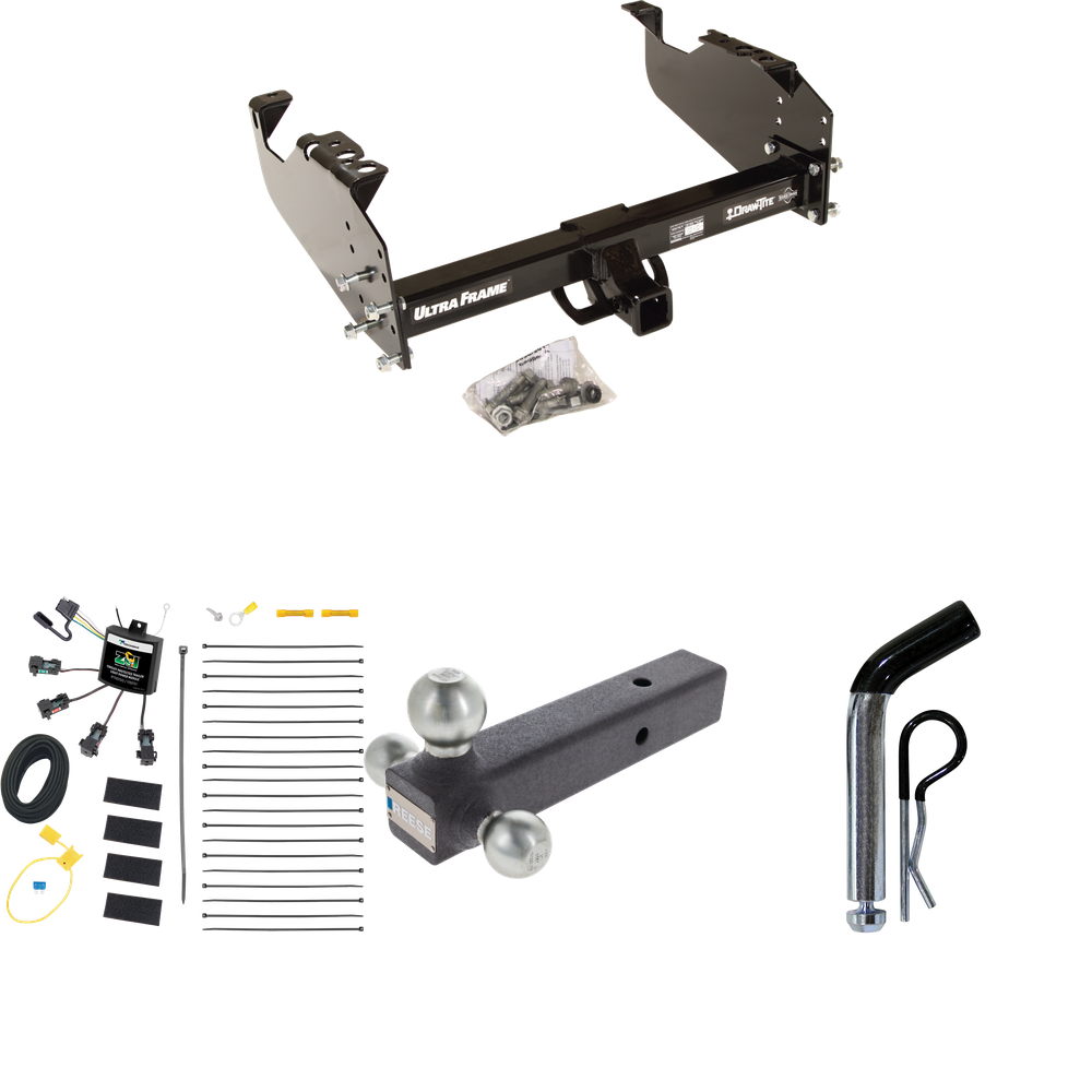 Fits 2007-2024 GMC Sierra 3500 HD Trailer Hitch Tow PKG w/ 4-Flat Zero Contact "No Splice" Wiring Harness + Triple Ball Ball Mount 1-7/8" & 2" & 2-5/16" Trailer Balls + Pin/Clip (For Cab & Chassis, w/34" Wide Frames Models) By Draw-Tite