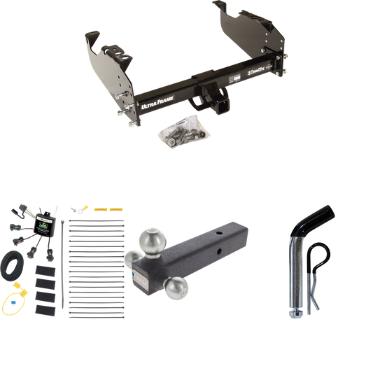 Fits 2007-2024 GMC Sierra 3500 HD Trailer Hitch Tow PKG w/ 4-Flat Zero Contact "No Splice" Wiring Harness + Triple Ball Ball Mount 1-7/8" & 2" & 2-5/16" Trailer Balls + Pin/Clip (For Cab & Chassis, w/34" Wide Frames Models) By Draw-Tite