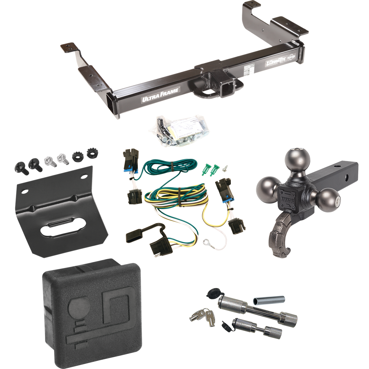 Fits 2003-2023 Chevrolet Express 3500 Trailer Hitch Tow PKG w/ 4-Flat Wiring Harness + Triple Ball Ball Mount 1-7/8" & 2" & 2-5/16" Trailer Balls w/ Tow Hook + Dual Hitch & Coupler Locks + Hitch Cover + Wiring Bracket By Draw-Tite