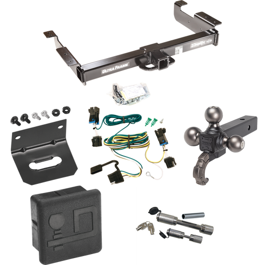 Fits 2003-2023 Chevrolet Express 3500 Trailer Hitch Tow PKG w/ 4-Flat Wiring Harness + Triple Ball Ball Mount 1-7/8" & 2" & 2-5/16" Trailer Balls w/ Tow Hook + Dual Hitch & Coupler Locks + Hitch Cover + Wiring Bracket By Draw-Tite