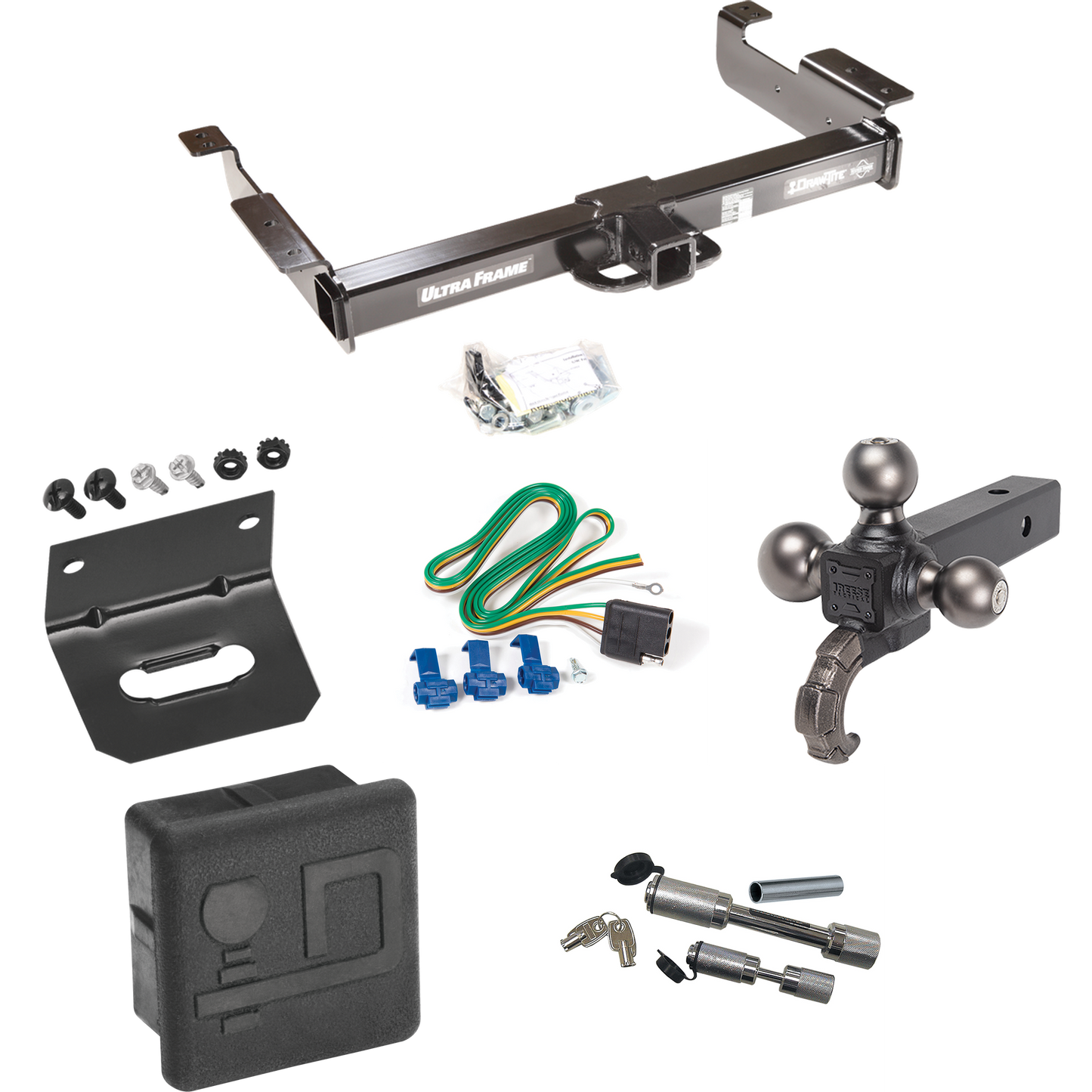 Fits 1996-1999 Chevrolet Express 2500 Trailer Hitch Tow PKG w/ 4-Flat Wiring Harness + Triple Ball Ball Mount 1-7/8" & 2" & 2-5/16" Trailer Balls w/ Tow Hook + Dual Hitch & Coupler Locks + Hitch Cover + Wiring Bracket By Draw-Tite