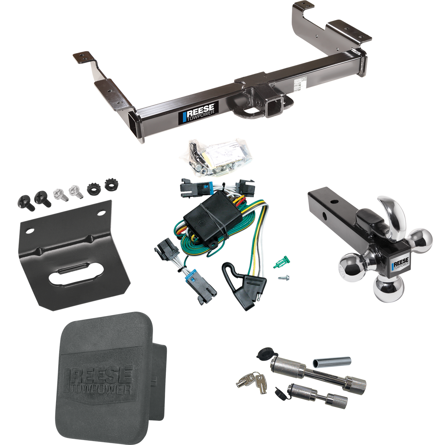 Fits 2000-2002 Chevrolet Express 2500 Trailer Hitch Tow PKG w/ 4-Flat Wiring Harness + Triple Ball Ball Mount 1-7/8" & 2" & 2-5/16" Trailer Balls w/ Tow Hook + Dual Hitch & Coupler Locks + Hitch Cover + Wiring Bracket By Reese Towpower