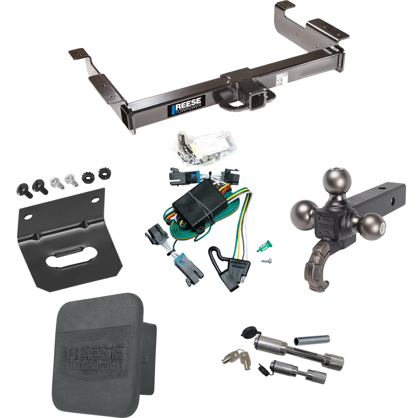 Fits 2000-2002 Chevrolet Express 3500 Trailer Hitch Tow PKG w/ 4-Flat Wiring Harness + Triple Ball Ball Mount 1-7/8" & 2" & 2-5/16" Trailer Balls w/ Tow Hook + Dual Hitch & Coupler Locks + Hitch Cover + Wiring Bracket By Reese Towpower