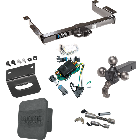 Fits 2000-2002 Chevrolet Express 3500 Trailer Hitch Tow PKG w/ 4-Flat Wiring Harness + Triple Ball Ball Mount 1-7/8" & 2" & 2-5/16" Trailer Balls w/ Tow Hook + Dual Hitch & Coupler Locks + Hitch Cover + Wiring Bracket By Reese Towpower