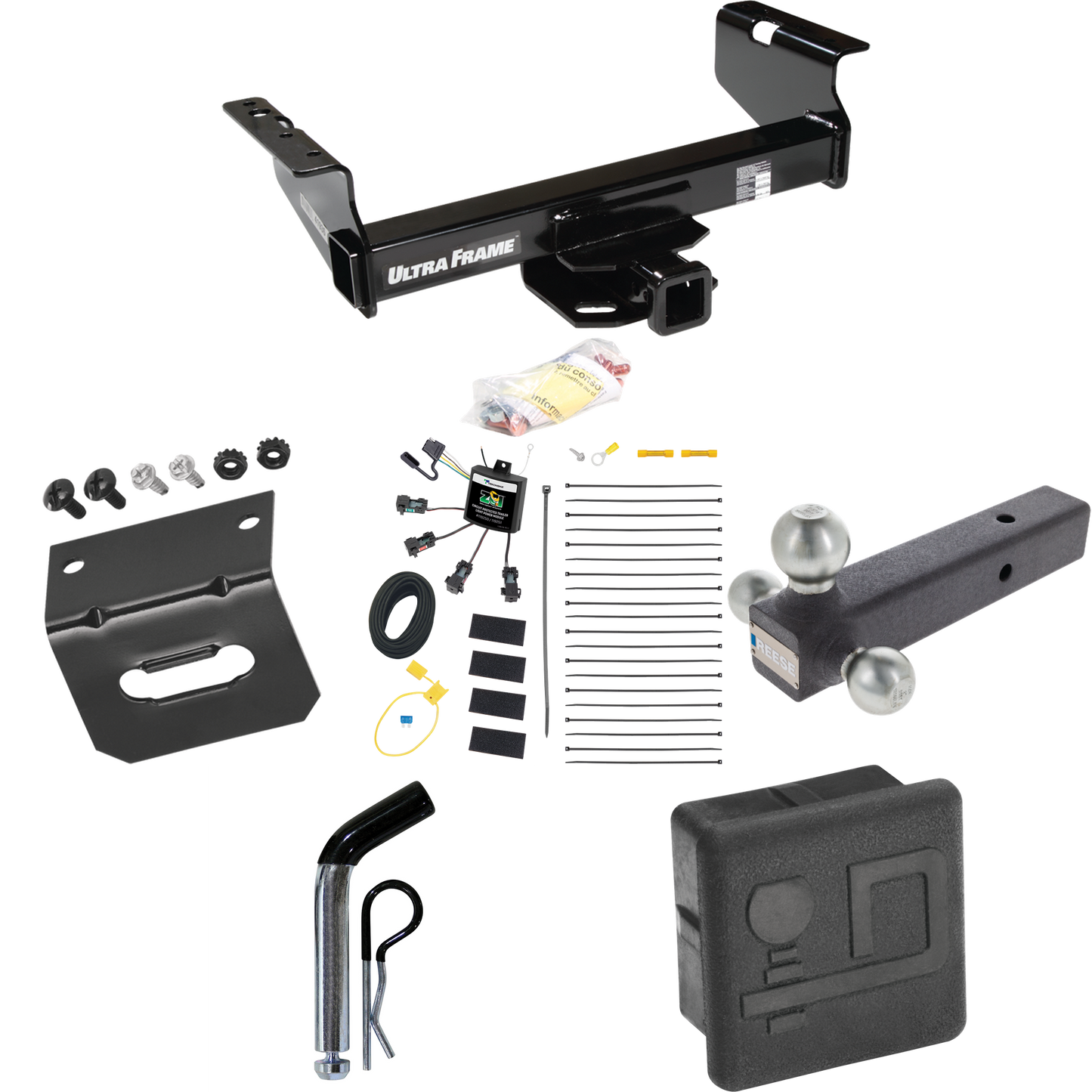 Fits 2007-2010 Dodge Ram 3500 Trailer Hitch Tow PKG w/ 4-Flat Zero Contact "No Splice" Wiring Harness + Triple Ball Ball Mount 1-7/8" & 2" & 2-5/16" Trailer Balls + Pin/Clip + Hitch Cover + Wiring Bracket (For Cab & Chassis, w/34" Wide Frames Models)