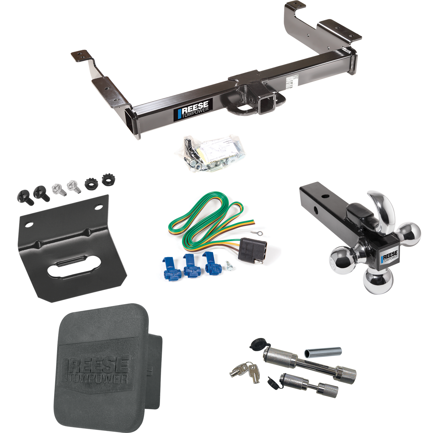 Fits 1996-1999 Chevrolet Express 2500 Trailer Hitch Tow PKG w/ 4-Flat Wiring Harness + Triple Ball Ball Mount 1-7/8" & 2" & 2-5/16" Trailer Balls w/ Tow Hook + Dual Hitch & Coupler Locks + Hitch Cover + Wiring Bracket By Reese Towpower