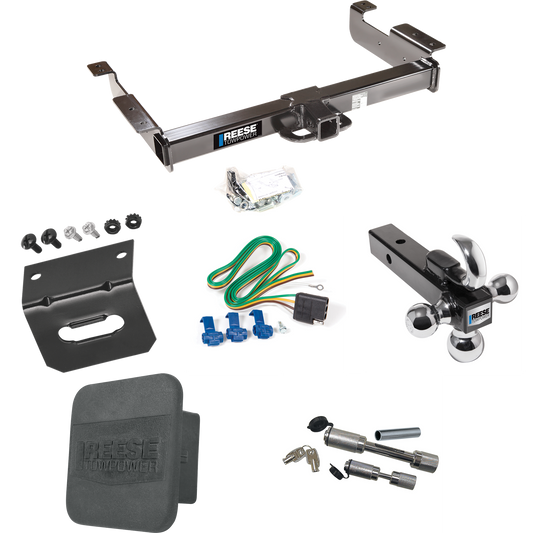 Fits 1996-1999 Chevrolet Express 2500 Trailer Hitch Tow PKG w/ 4-Flat Wiring Harness + Triple Ball Ball Mount 1-7/8" & 2" & 2-5/16" Trailer Balls w/ Tow Hook + Dual Hitch & Coupler Locks + Hitch Cover + Wiring Bracket By Reese Towpower