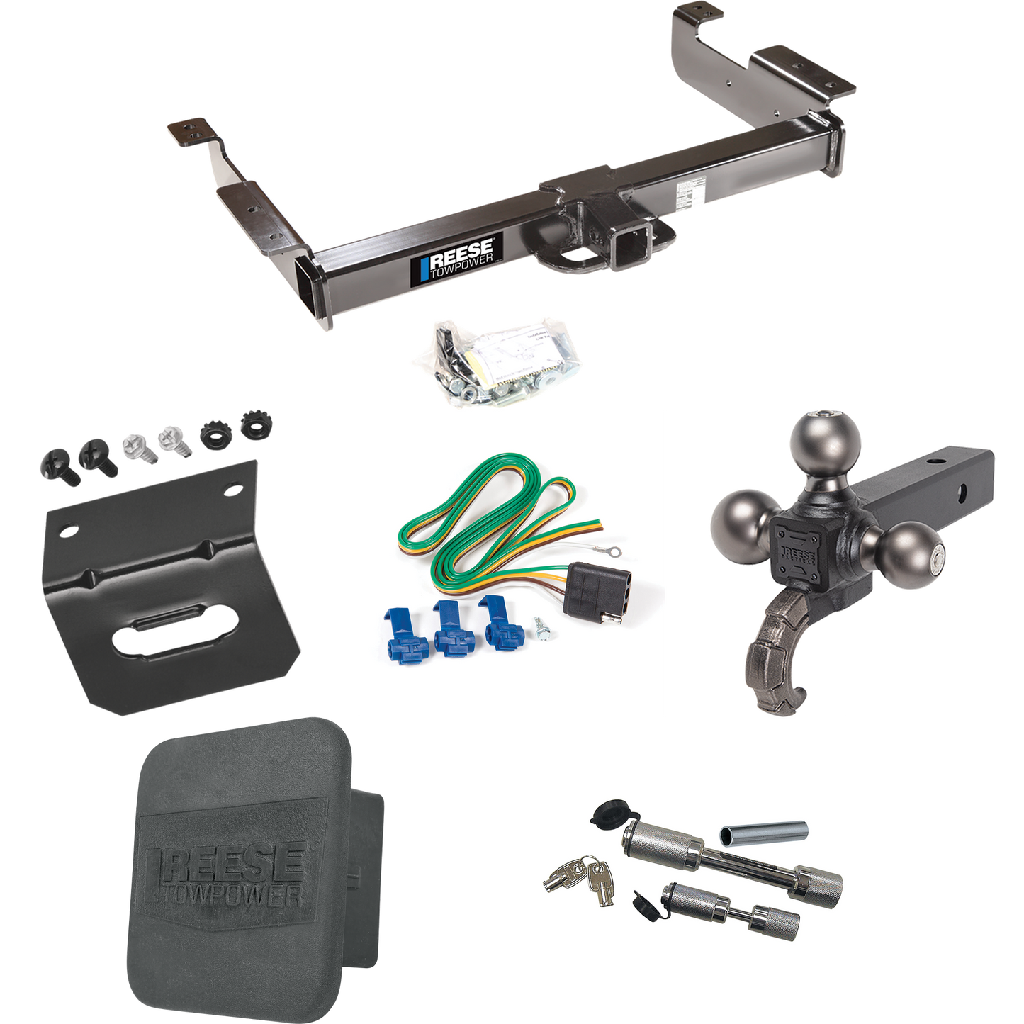 Fits 1996-1999 GMC Savana 1500 Trailer Hitch Tow PKG w/ 4-Flat Wiring Harness + Triple Ball Ball Mount 1-7/8" & 2" & 2-5/16" Trailer Balls w/ Tow Hook + Dual Hitch & Coupler Locks + Hitch Cover + Wiring Bracket By Reese Towpower