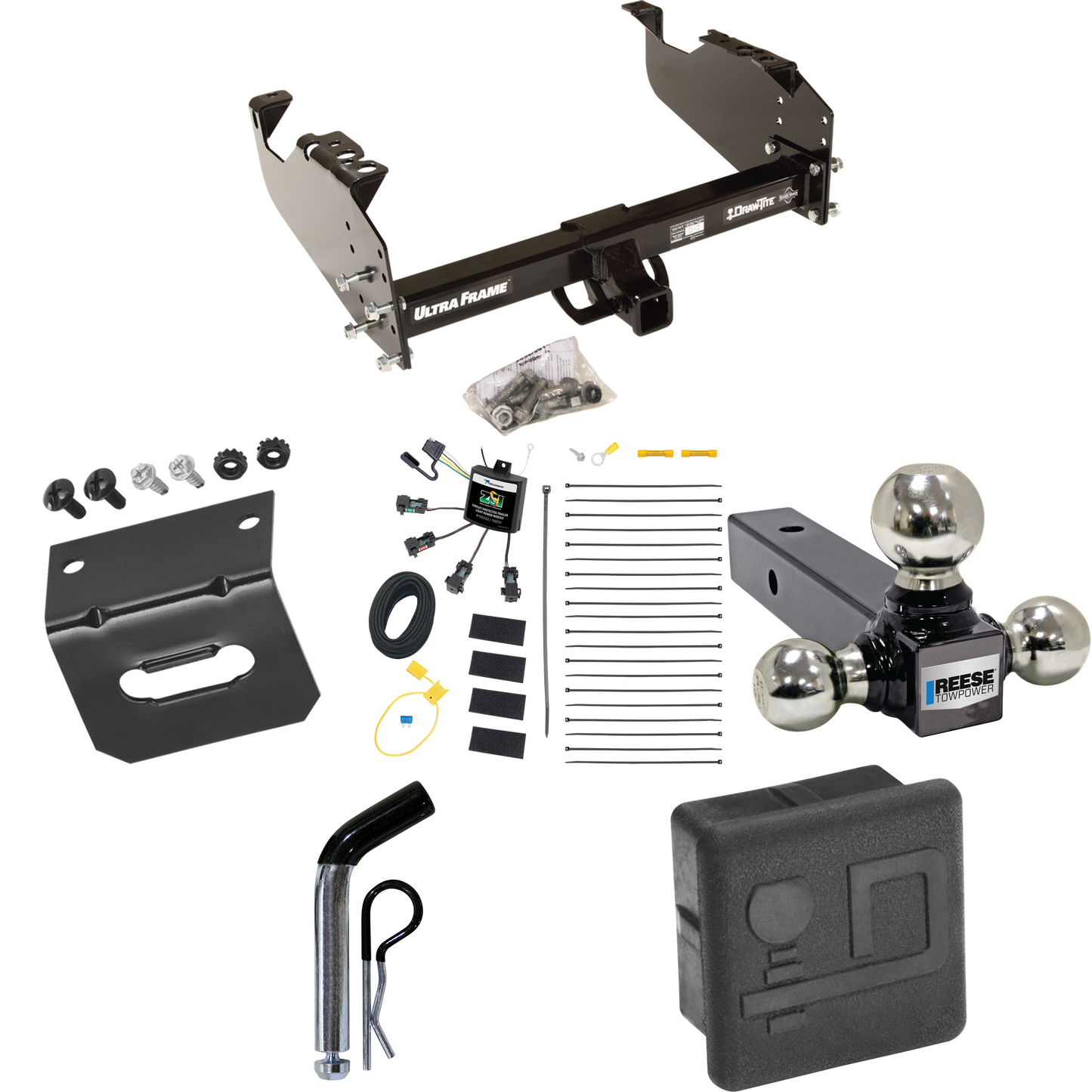 Fits 2008-2009 Sterling Truck Bullet 45 Trailer Hitch Tow PKG w/ 4-Flat Zero Contact "No Splice" Wiring Harness + Triple Ball Ball Mount 1-7/8" & 2" & 2-5/16" Trailer Balls + Pin/Clip + Hitch Cover + Wiring Bracket (For w/34" Wide Frames Models) By D