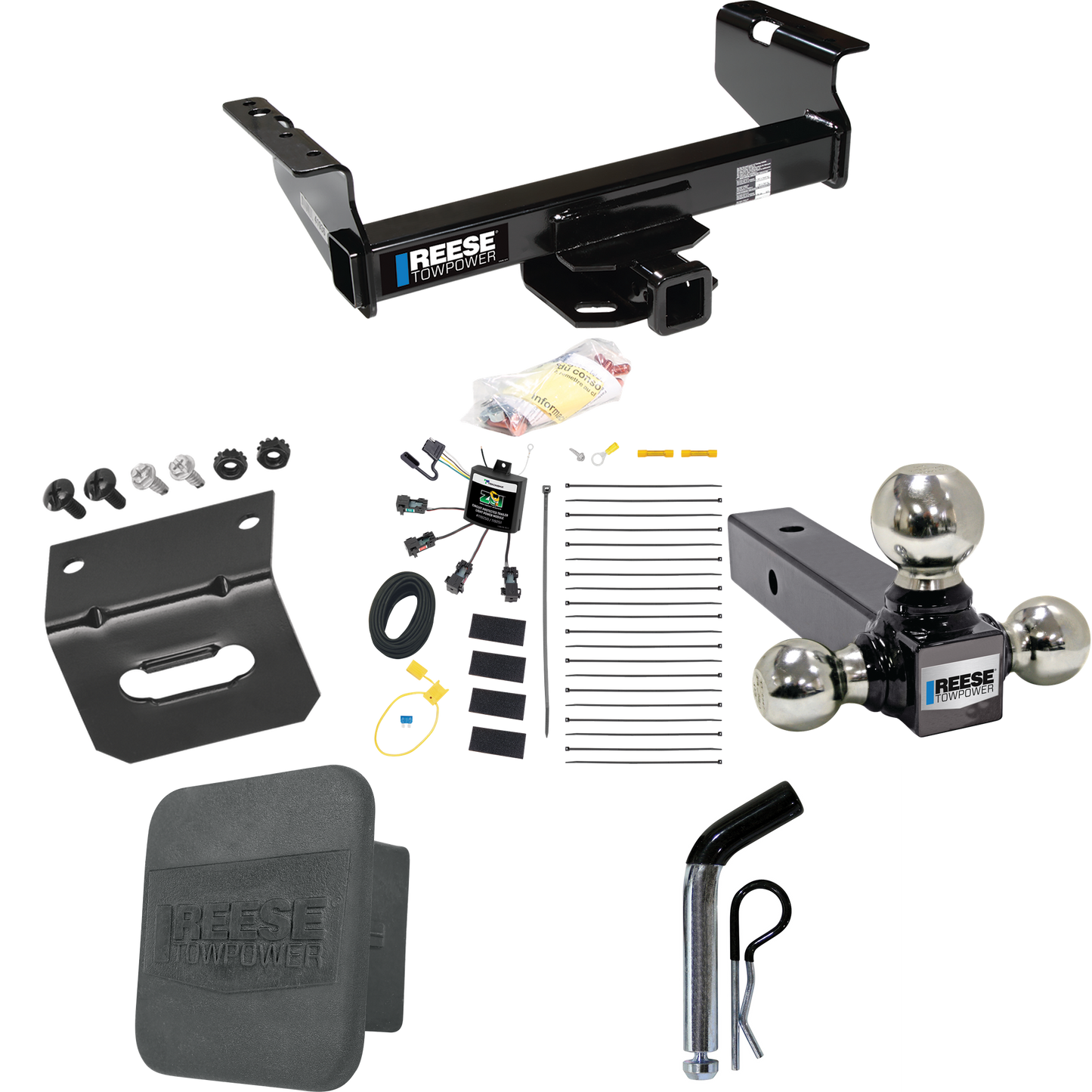 Fits 2007-2023 GMC Sierra 3500 HD Trailer Hitch Tow PKG w/ 4-Flat Zero Contact "No Splice" Wiring Harness + Triple Ball Ball Mount 1-7/8" & 2" & 2-5/16" Trailer Balls + Pin/Clip + Hitch Cover + Wiring Bracket (For Cab & Chassis, w/34" Wide Frames Mod