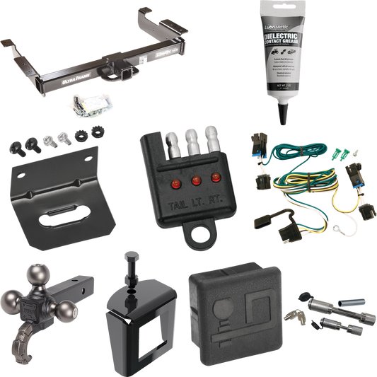 Fits 2003-2014 Chevrolet Express 1500 Trailer Hitch Tow PKG w/ 4-Flat Wiring Harness + Triple Ball Ball Mount 1-7/8" & 2" & 2-5/16" Trailer Balls w/ Tow Hook + Dual Hitch & Coupler Locks + Hitch Cover + Wiring Bracket + Wiring Tester + Electric Greas