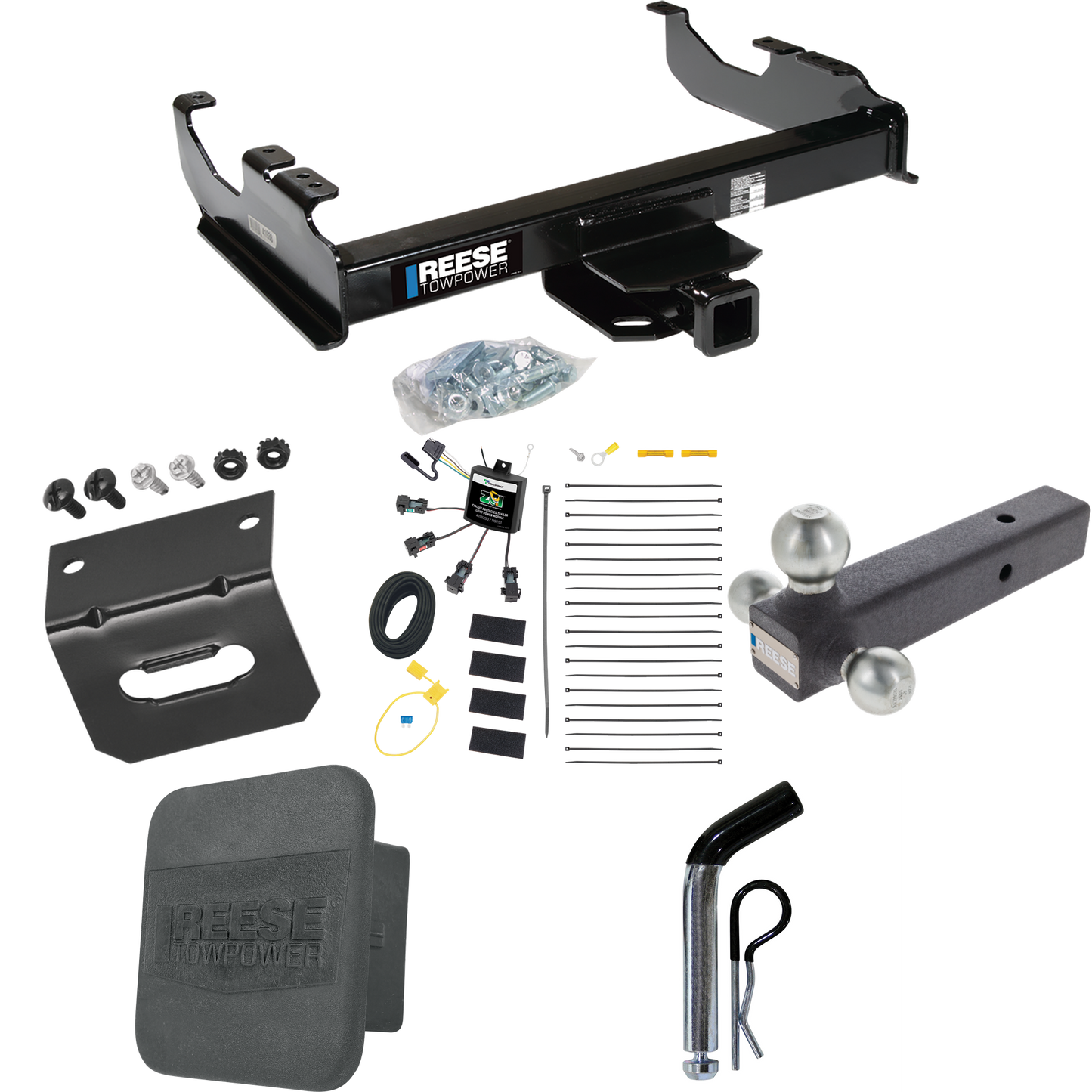 Fits 2001-2007 GMC Sierra 3500 Trailer Hitch Tow PKG w/ 4-Flat Zero Contact "No Splice" Wiring Harness + Triple Ball Ball Mount 1-7/8" & 2" & 2-5/16" Trailer Balls + Pin/Clip + Hitch Cover + Wiring Bracket (For (Classic), Cab & Chassis, w/34" Wide Fr