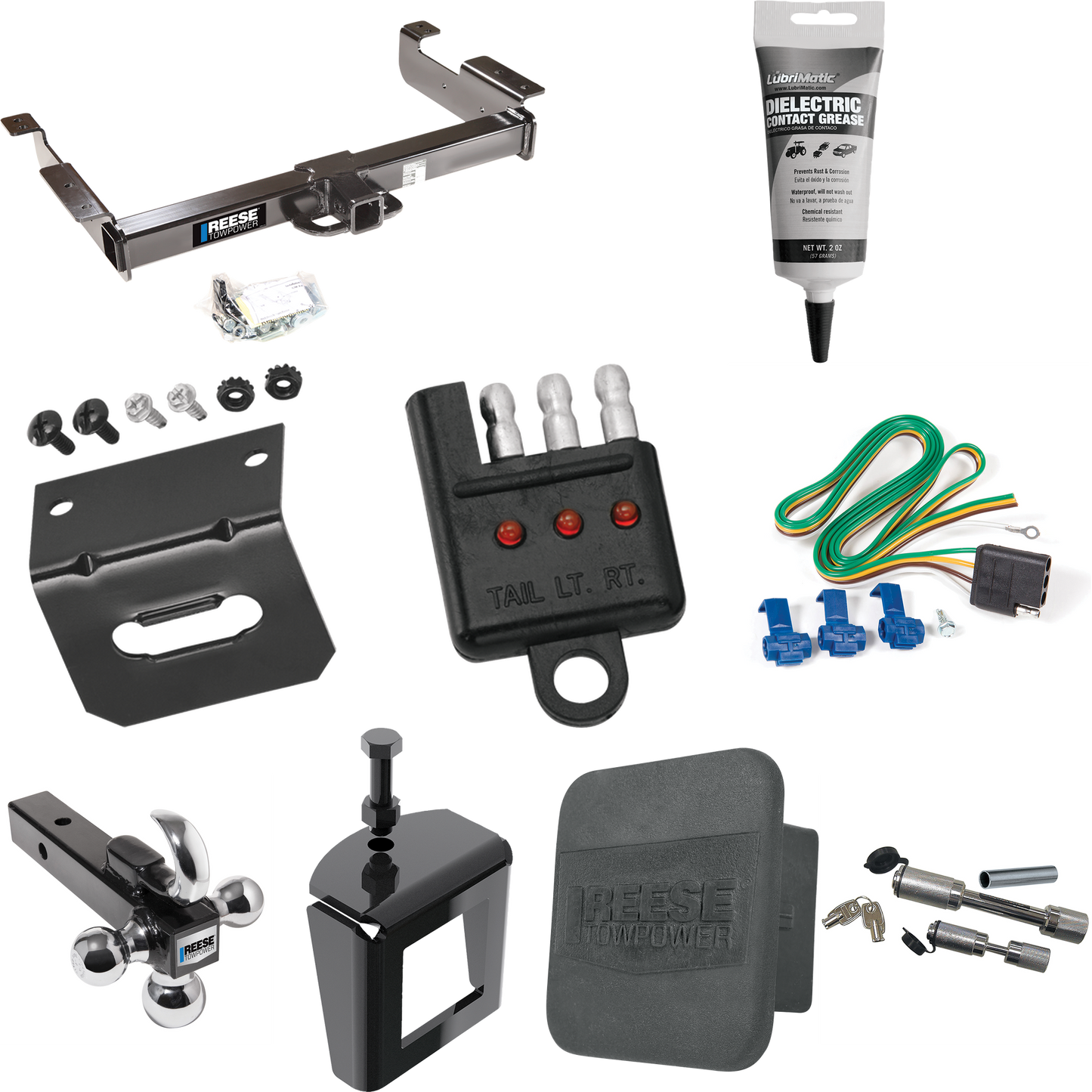 Fits 1996-1999 Chevrolet Express 2500 Trailer Hitch Tow PKG w/ 4-Flat Wiring Harness + Triple Ball Ball Mount 1-7/8" & 2" & 2-5/16" Trailer Balls w/ Tow Hook + Dual Hitch & Coupler Locks + Hitch Cover + Wiring Bracket + Wiring Tester + Electric Greas