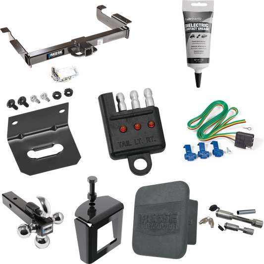 Fits 1996-1999 Chevrolet Express 2500 Trailer Hitch Tow PKG w/ 4-Flat Wiring Harness + Triple Ball Ball Mount 1-7/8" & 2" & 2-5/16" Trailer Balls w/ Tow Hook + Dual Hitch & Coupler Locks + Hitch Cover + Wiring Bracket + Wiring Tester + Electric Greas