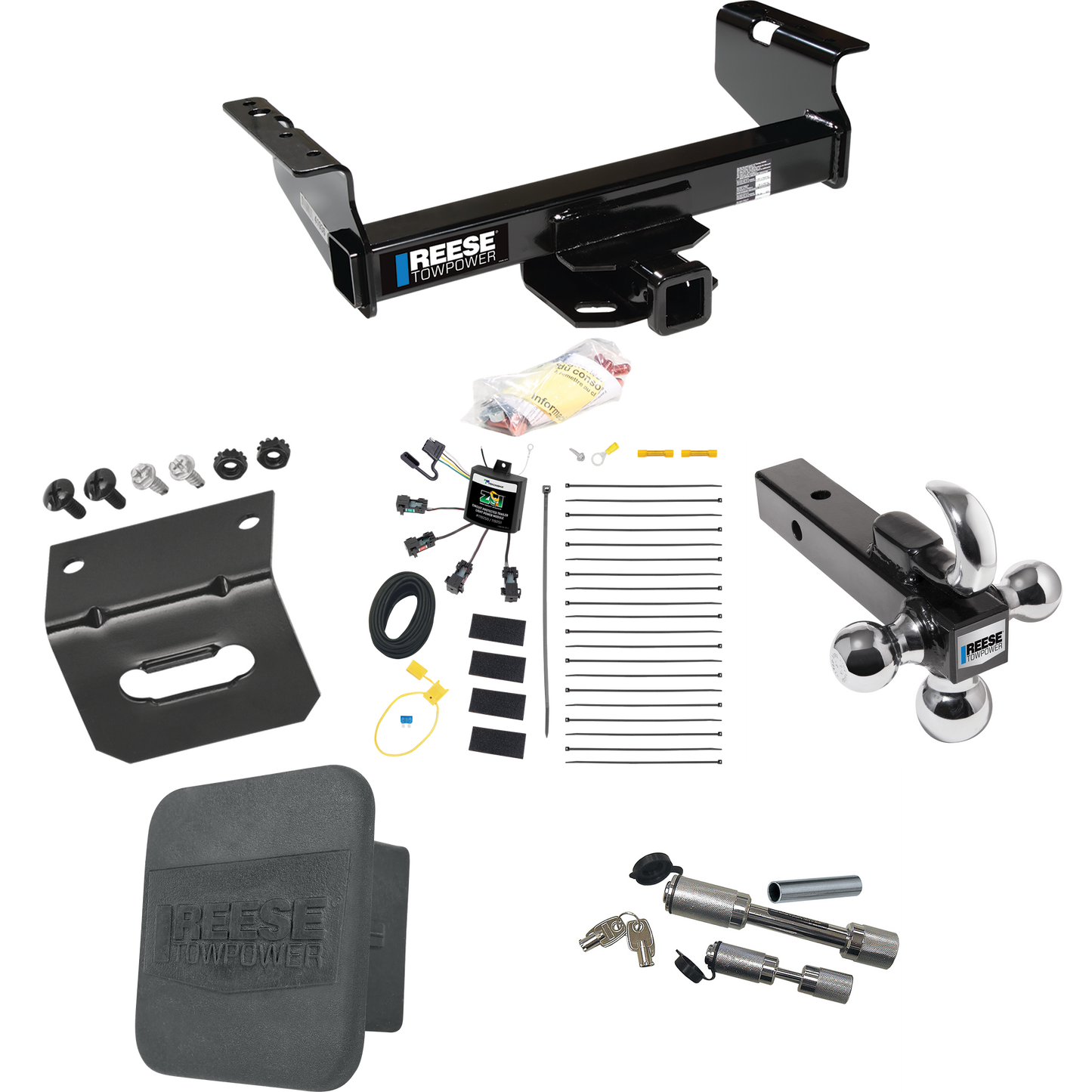 Fits 2007-2023 GMC Sierra 3500 HD Trailer Hitch Tow PKG w/ 4-Flat Zero Contact "No Splice" Wiring Harness + Triple Ball Ball Mount 1-7/8" & 2" & 2-5/16" Trailer Balls w/ Tow Hook + Dual Hitch & Coupler Locks + Hitch Cover + Wiring Bracket (For Cab &