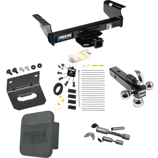 Fits 2007-2023 GMC Sierra 3500 HD Trailer Hitch Tow PKG w/ 4-Flat Zero Contact "No Splice" Wiring Harness + Triple Ball Ball Mount 1-7/8" & 2" & 2-5/16" Trailer Balls w/ Tow Hook + Dual Hitch & Coupler Locks + Hitch Cover + Wiring Bracket (For Cab &