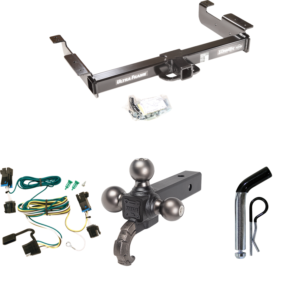 Fits 2003-2023 Chevrolet Express 3500 Trailer Hitch Tow PKG w/ 4-Flat Wiring Harness + Triple Ball Ball Mount 1-7/8" & 2" & 2-5/16" Trailer Balls w/ Tow Hook + Pin/Clip By Draw-Tite