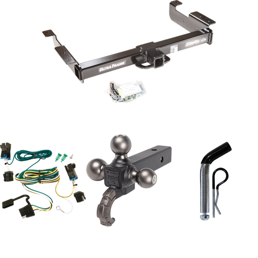 Fits 2003-2023 Chevrolet Express 3500 Trailer Hitch Tow PKG w/ 4-Flat Wiring Harness + Triple Ball Ball Mount 1-7/8" & 2" & 2-5/16" Trailer Balls w/ Tow Hook + Pin/Clip By Draw-Tite