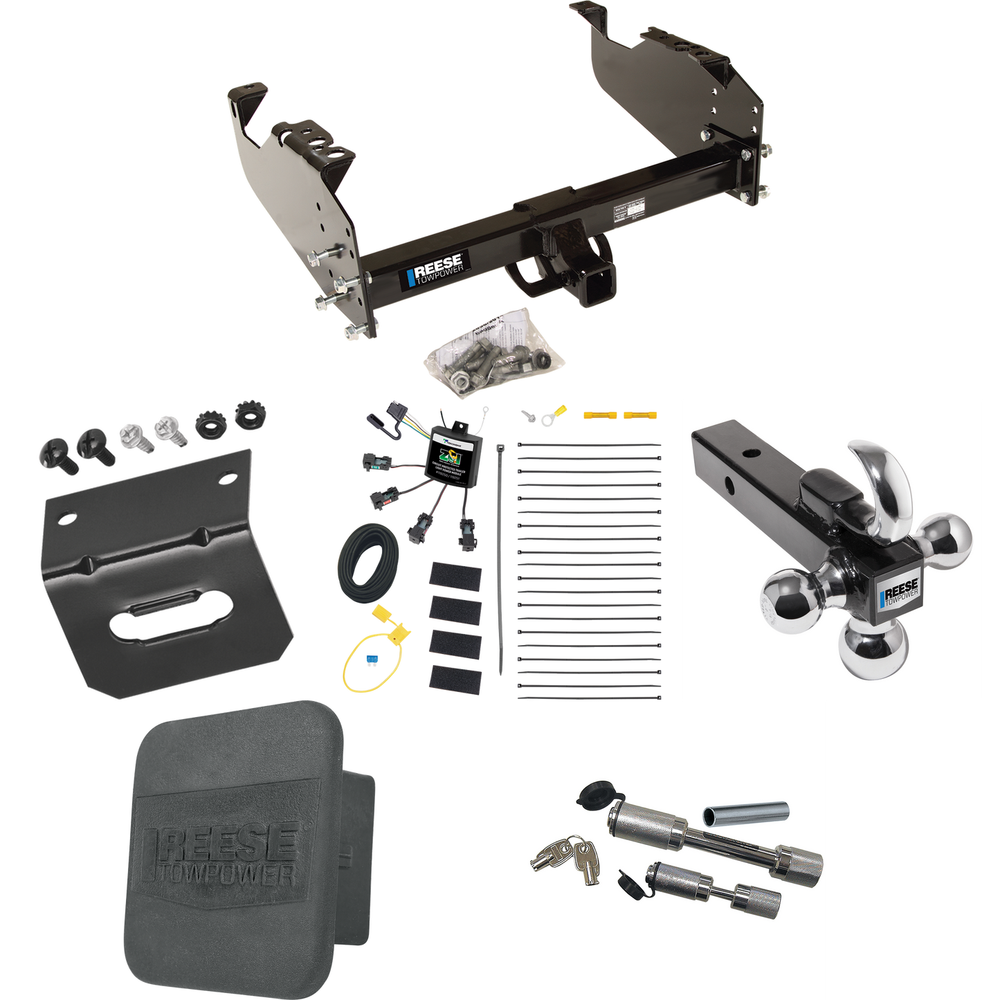 Fits 2011-2012 RAM 3500 Trailer Hitch Tow PKG w/ 4-Flat Zero Contact "No Splice" Wiring Harness + Triple Ball Ball Mount 1-7/8" & 2" & 2-5/16" Trailer Balls w/ Tow Hook + Dual Hitch & Coupler Locks + Hitch Cover + Wiring Bracket (For Cab & Chassis, w