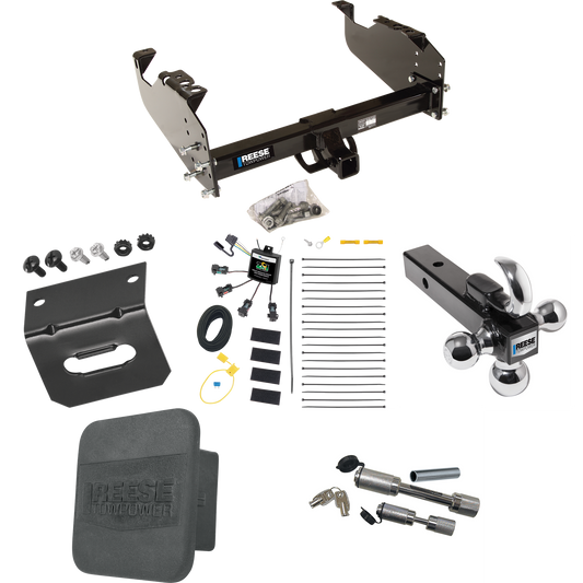 Fits 2011-2012 RAM 3500 Trailer Hitch Tow PKG w/ 4-Flat Zero Contact "No Splice" Wiring Harness + Triple Ball Ball Mount 1-7/8" & 2" & 2-5/16" Trailer Balls w/ Tow Hook + Dual Hitch & Coupler Locks + Hitch Cover + Wiring Bracket (For Cab & Chassis, w